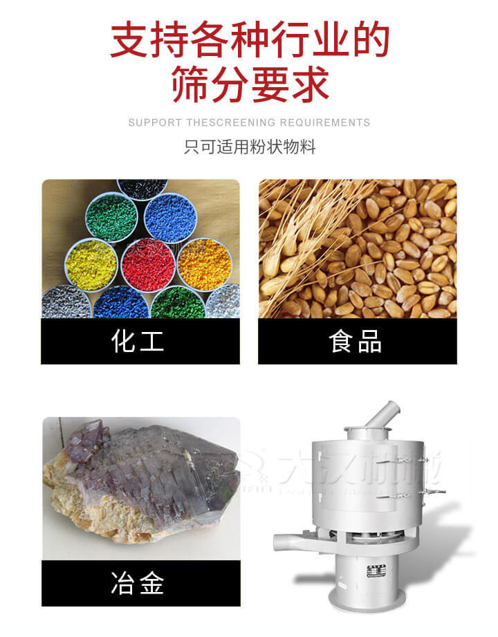 氣流篩用于礦粉，石墨粉，活性納米碳酸鈣，鋁灰，大豆粉，碳酸重鈣，石墨粉，木粉，干草，重金石粉，藥粉末，橡膠顆粒，草酸鹽，干料粉，木粉，聚酯粉，干粉，塑料，金屬粉末，橡膠粉，粉煤灰，石墨粉，陶瓷粉，鋅粉，石英粉，石灰粉，鐵粉，金屬硅粉等。